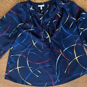 Joie Navy V-Neck Blouse with Multicolor Swirl Print